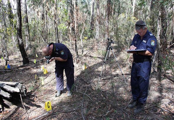 Detectives at the scene of the discovery of human remains in Belanglo State Forest in 2010 Detectives at the scene of the discovery of human remains in Belanglo State Forest in 2010