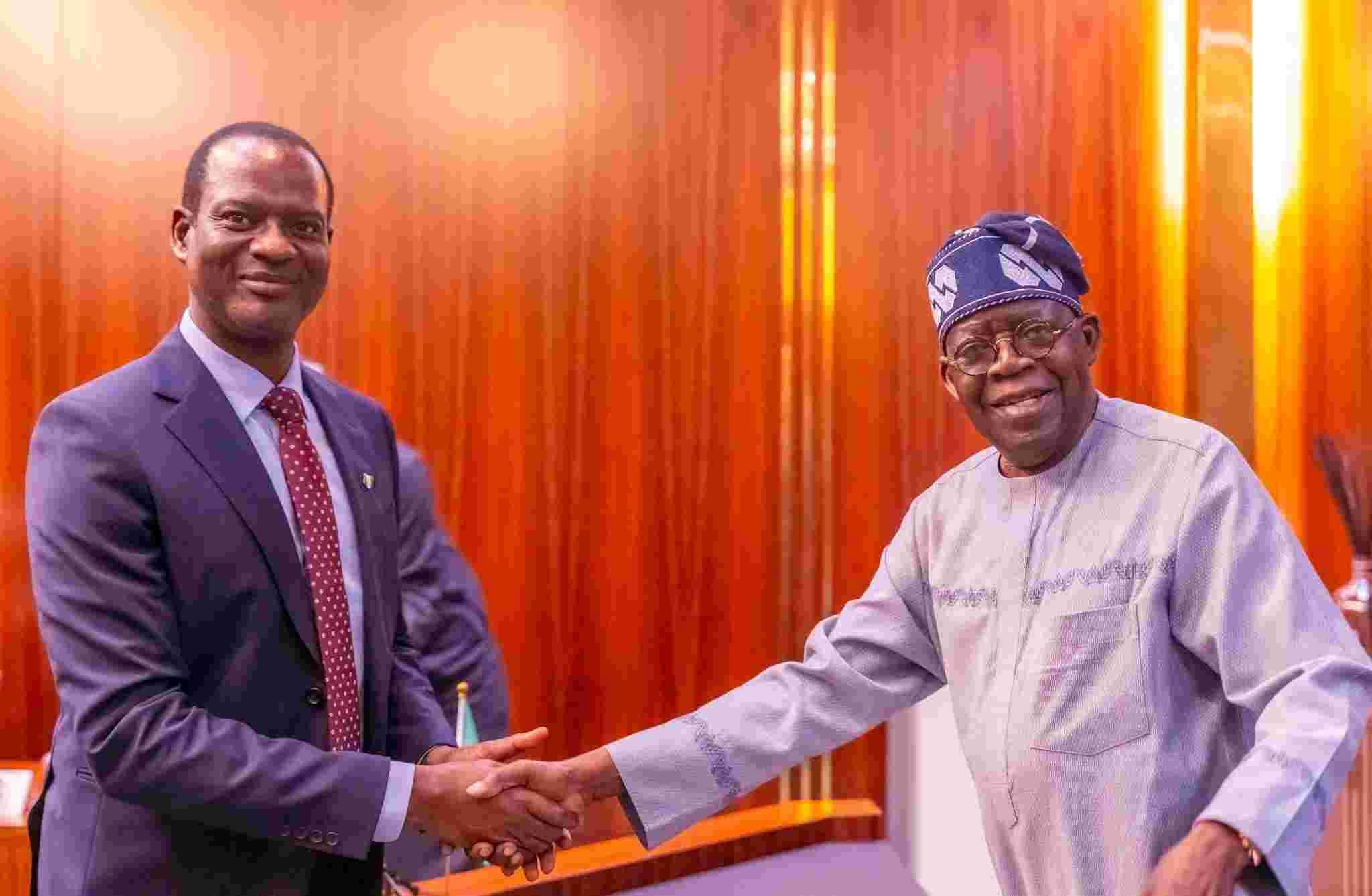 File photo of the Finance Minister Taiwo Oyedele shaking hands with President Tinubu
