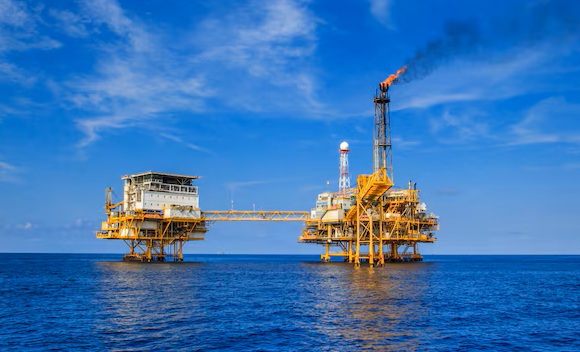 large landscape photograph of a modern offshore oil platform