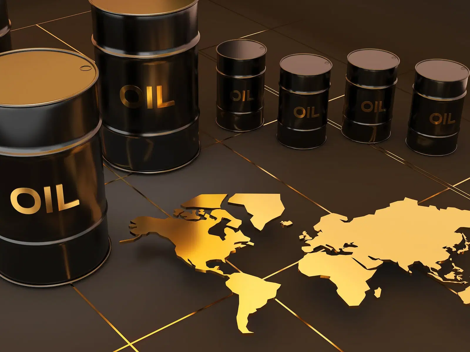 oil barrels on black background with golden world map 1784831098