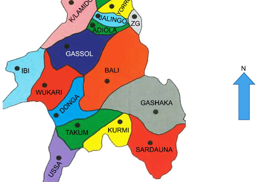 Map of Taraba showing Sardauna and Kurmi LGAs