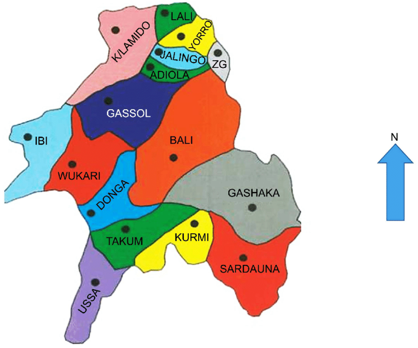 Map of Taraba showing Sardauna and Kurmi LGAs