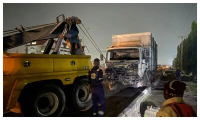 Two injured as two container trucks three vehicles crash in Lagos